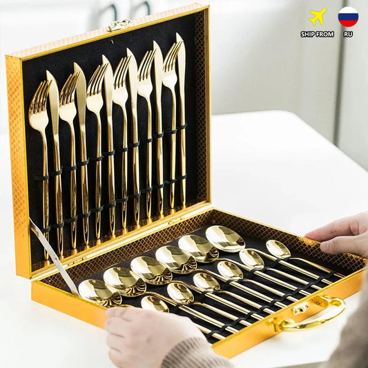 24-Piece Gold Dinnerware Set – Elegant Stainless Steel Cutlery Gift Box