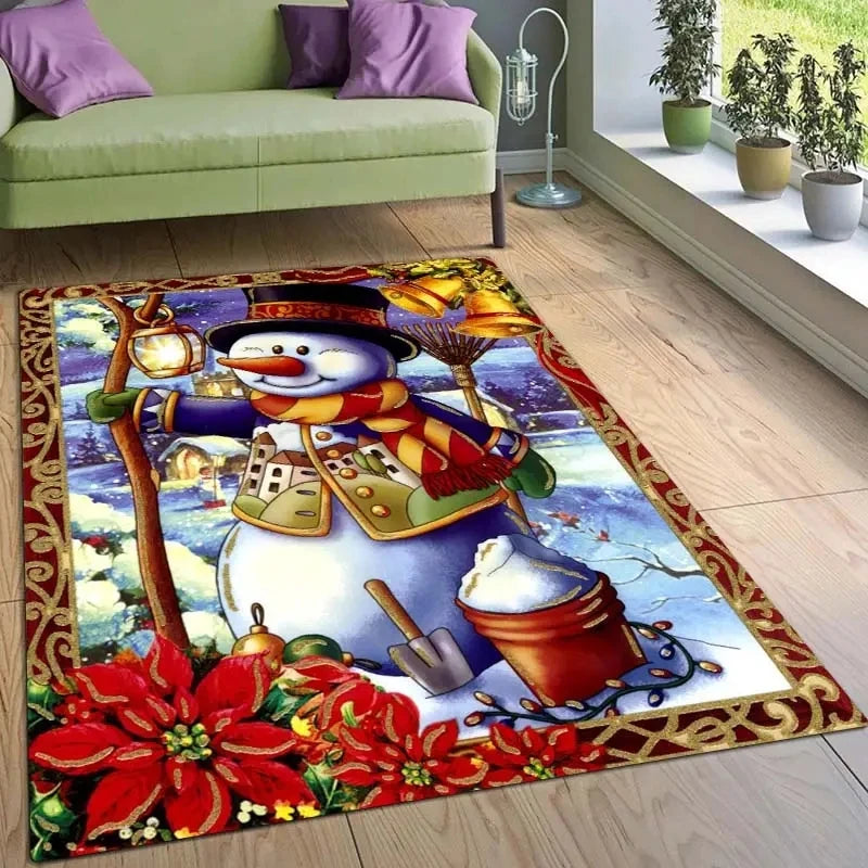 Christmas Poinsettia Snowman Carpet for Living Room Home Decor