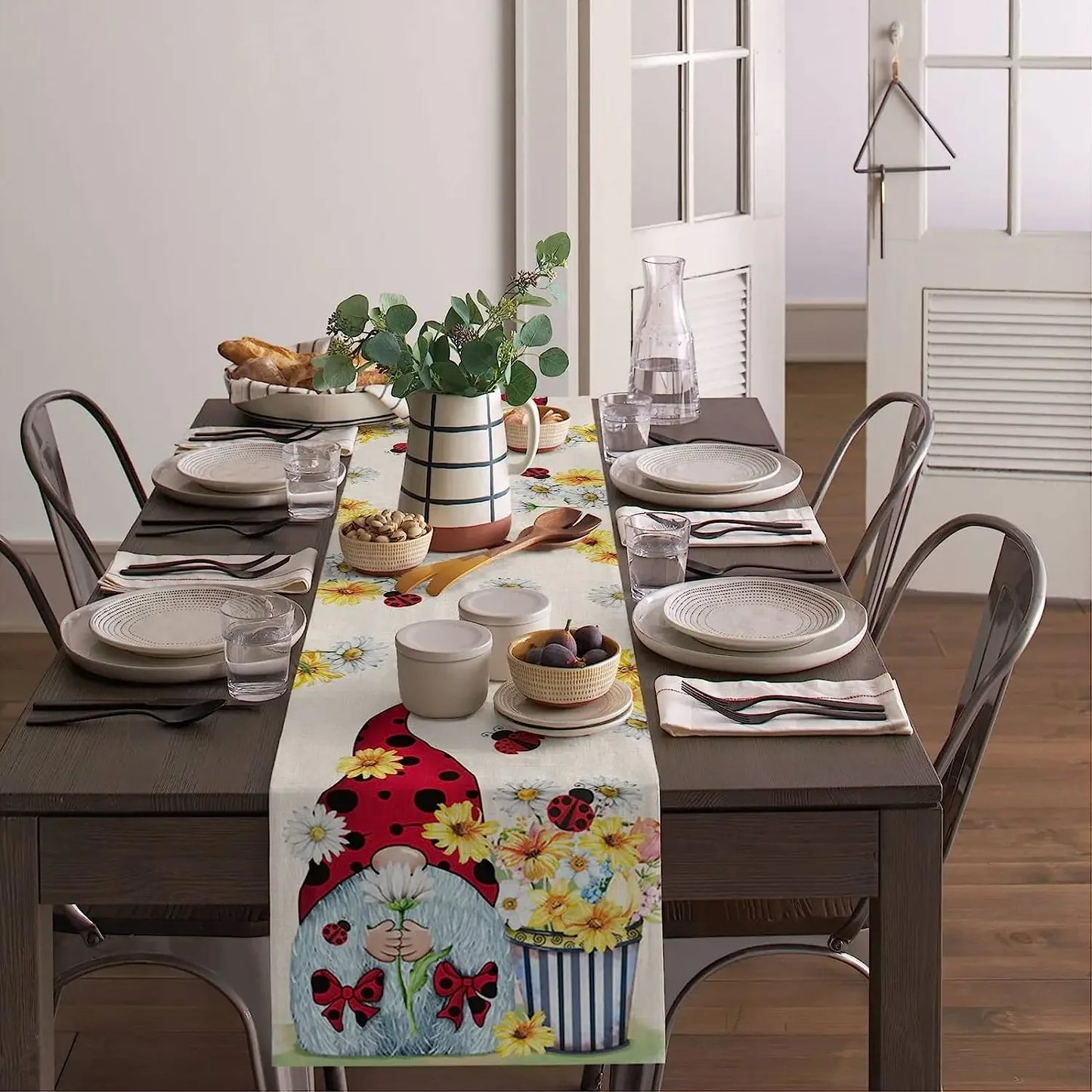 Sunflower & Ladybug Gnome Linen Table Runner – Farmhouse Charm for Every Table