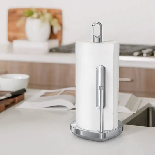 Stainless steel kitchen desktop tissue holder non-punching tension fixer tearing paper with one hand.