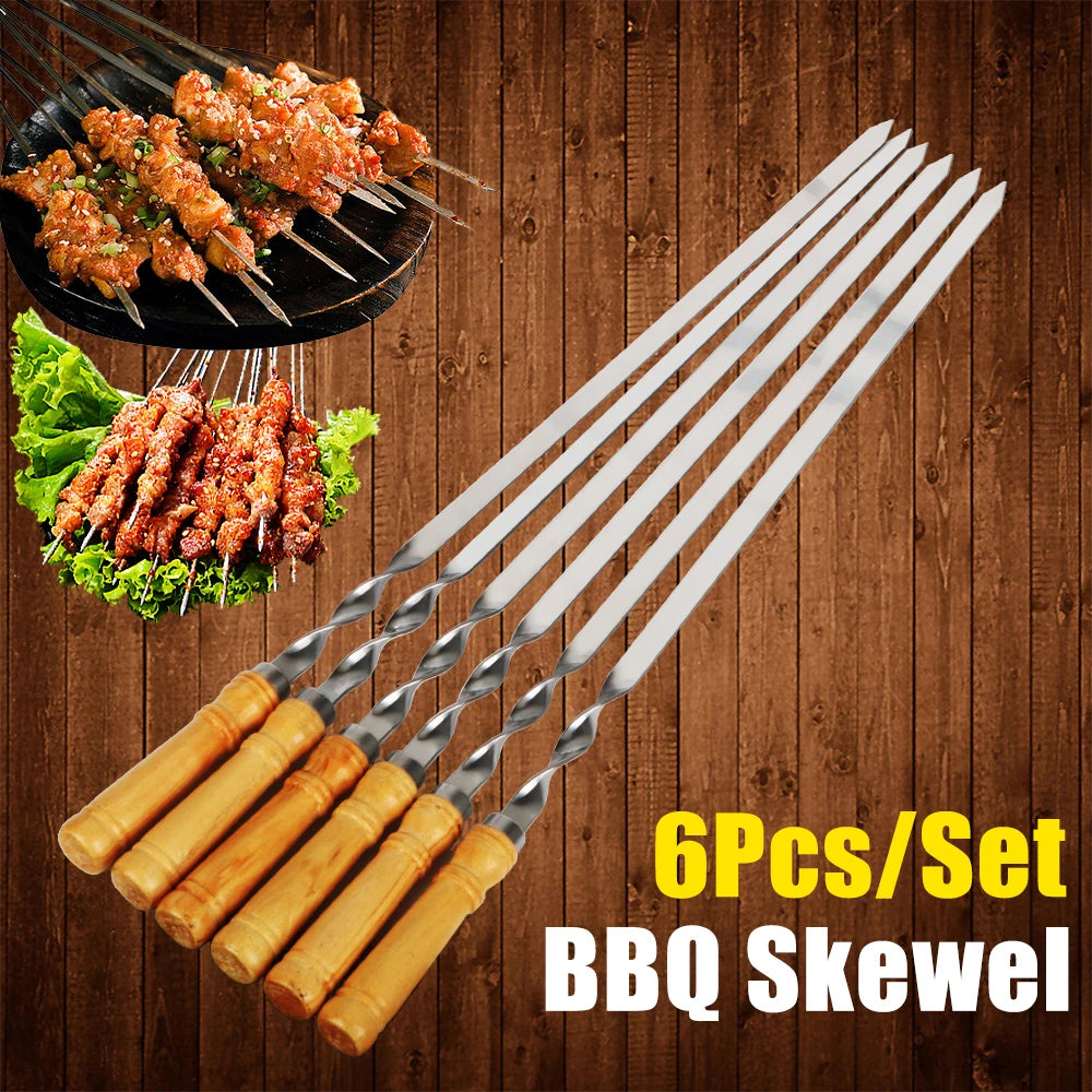 Premium Stainless Steel BBQ Skewers Set with Wooden Handles (6-Pack)