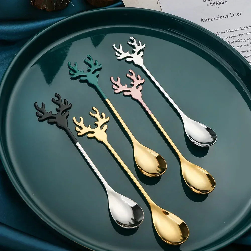 Set of 4 Christmas Elk Head Stainless Steel Coffee Spoons – Festive Holiday Decor