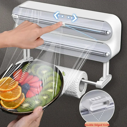 3-in-1 Plastic Wrap Dispenser – Magnetic & Self-Adhesive Cling Film Cutter for Kitchen Efficiency