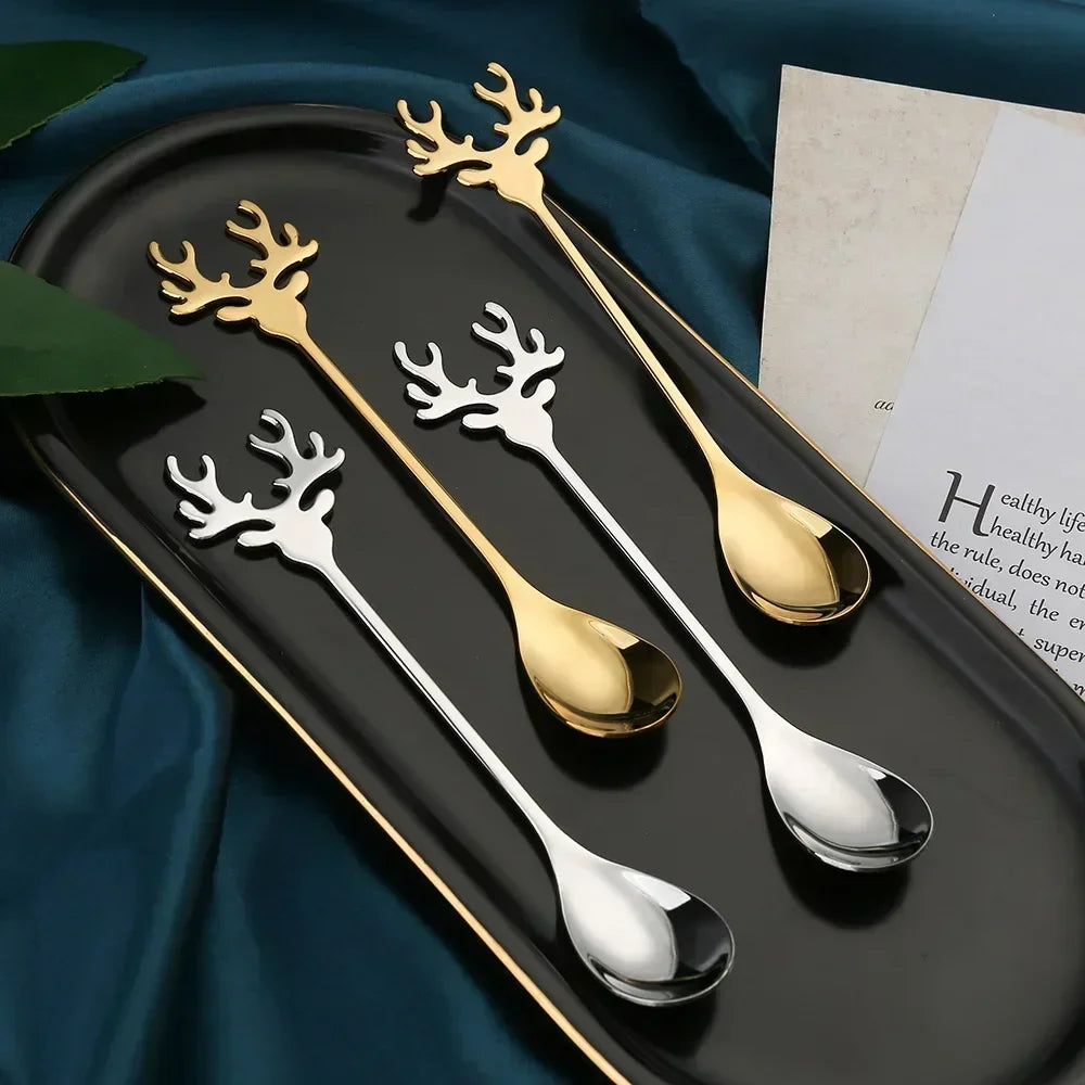 Set of 4 Christmas Elk Head Stainless Steel Coffee Spoons – Festive Holiday Decor