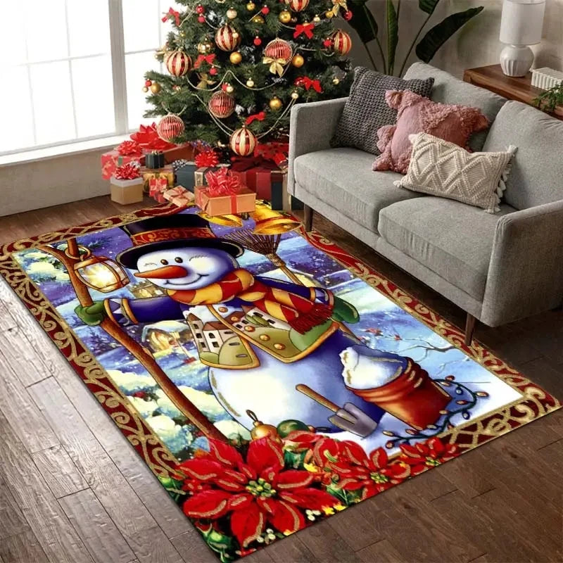 Christmas Poinsettia Snowman Carpet for Living Room Home Decor