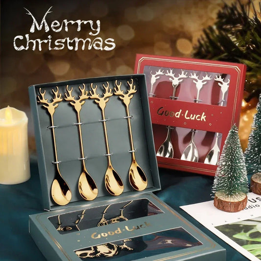 Set of 4 Christmas Elk Head Stainless Steel Coffee Spoons – Festive Holiday Decor