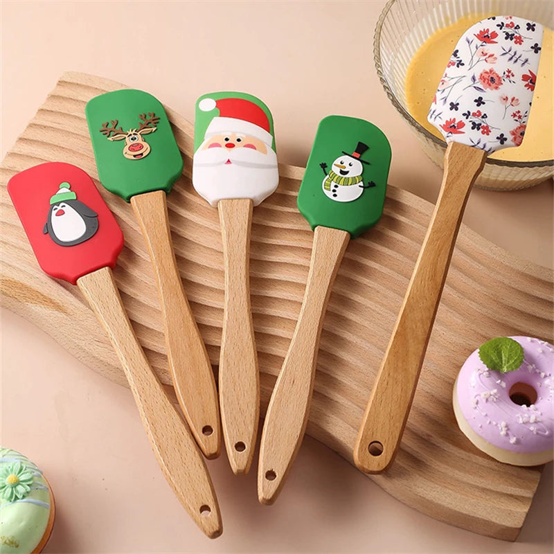 Christmas Series Cake Cream Spatula Wooden Handle Silicone Pastry Scraper Non-Stick Butter Batter Mixer Kitchen Baking Tools