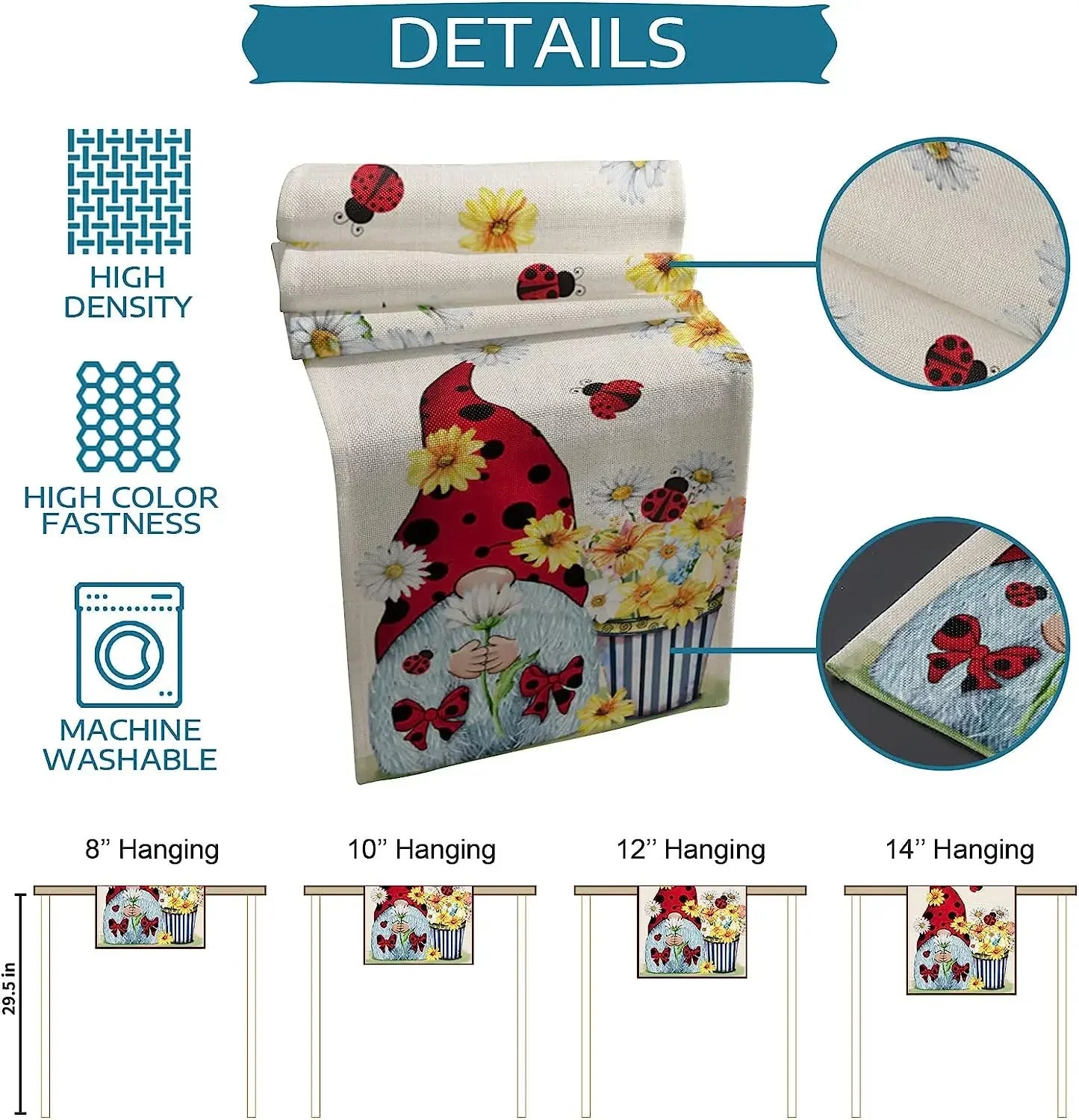 Sunflower & Ladybug Gnome Linen Table Runner – Farmhouse Charm for Every Table