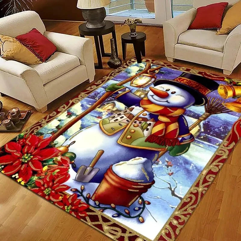 Christmas Poinsettia Snowman Carpet for Living Room Home Decor