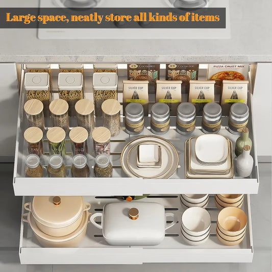 "Adjustable Dual Slide-Out Pantry Shelves – Smart Kitchen Cabinet Organizer"