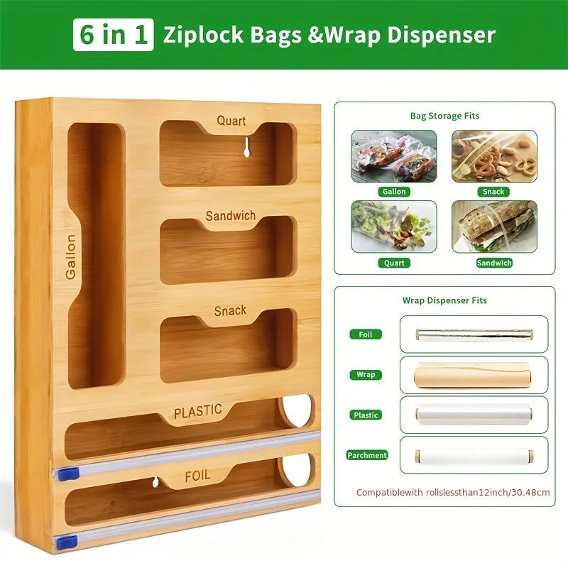 Bamboo Bag Storage and Dispenser Set Plastic Wrap and Foil 6 In 1 Organizer