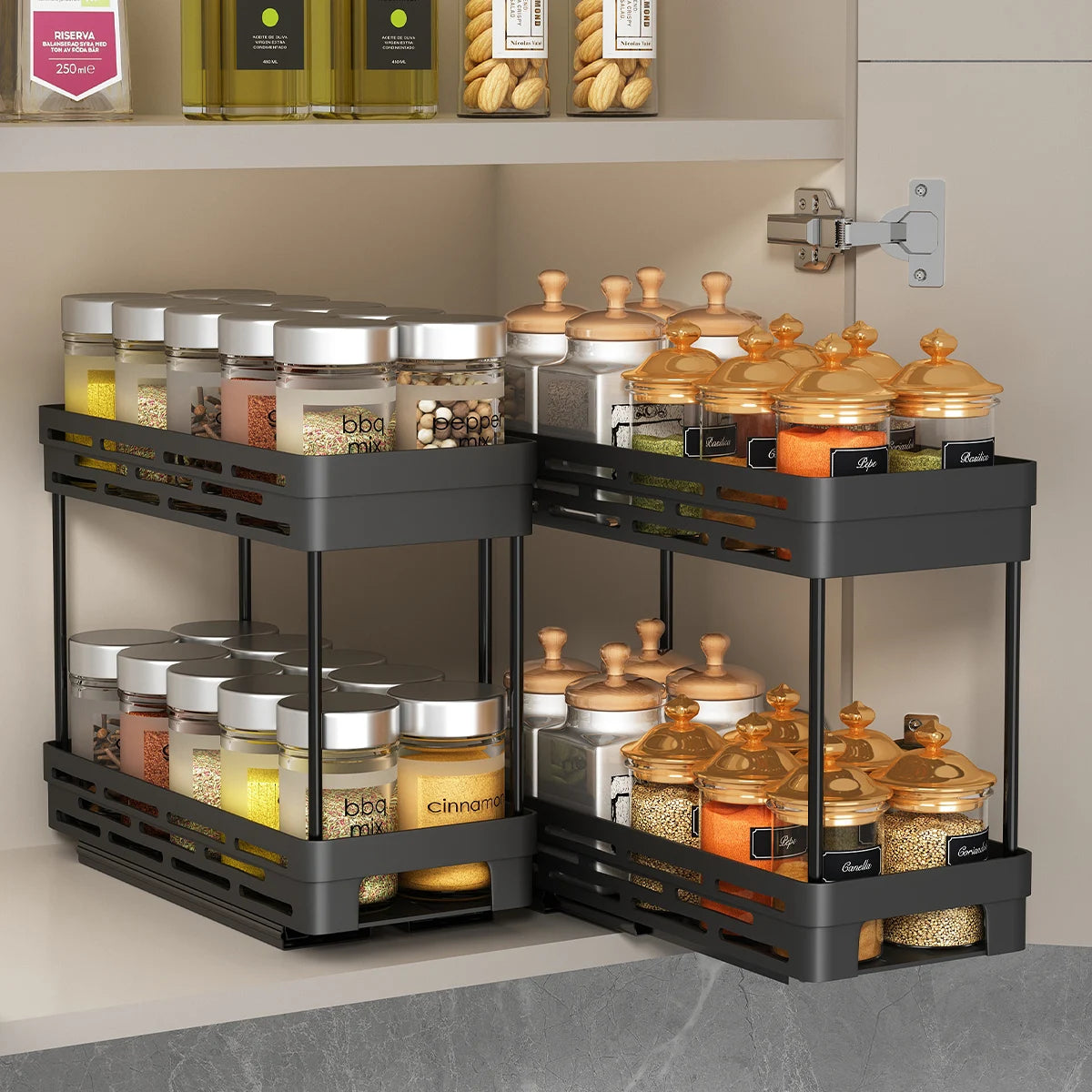 WORTHBUY Double-Layer Pull-Out Spice Rack Organizer - Multifunctional Kitchen Cabinet Storage Shelf