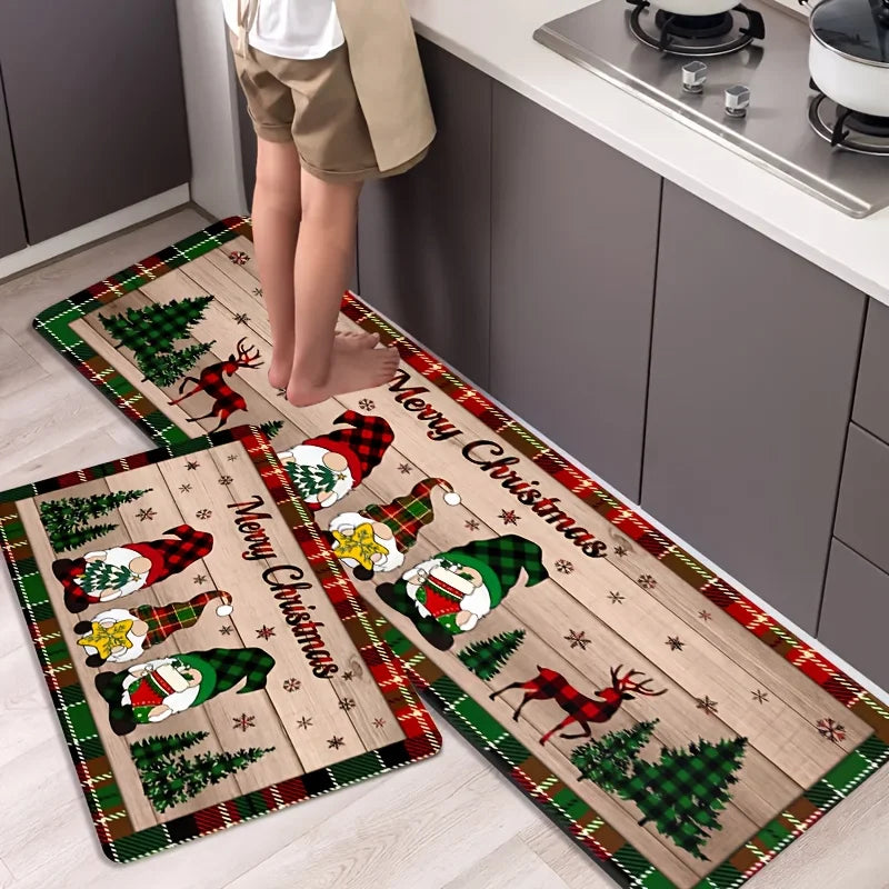 Festive Gnome & Christmas Tree Non-Slip Floor Mat – Cozy Holiday Comfort