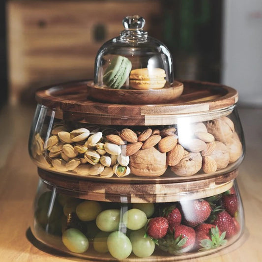 Creative Glass Food Storage Container with Wooden Lid – Elegant Kitchen Organizer for Snacks, Fruits, and More