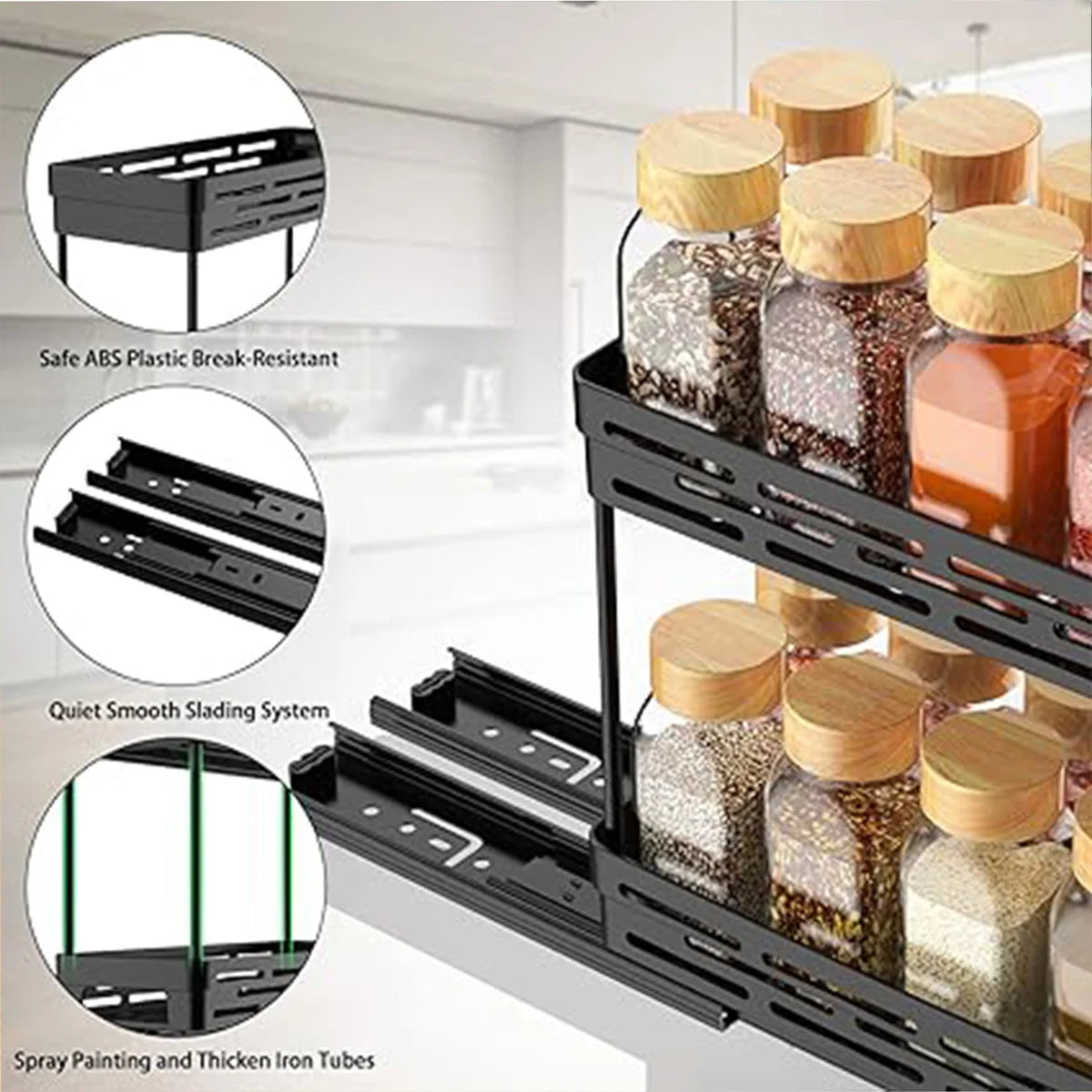 WORTHBUY Double-Layer Pull-Out Spice Rack Organizer - Multifunctional Kitchen Cabinet Storage Shelf