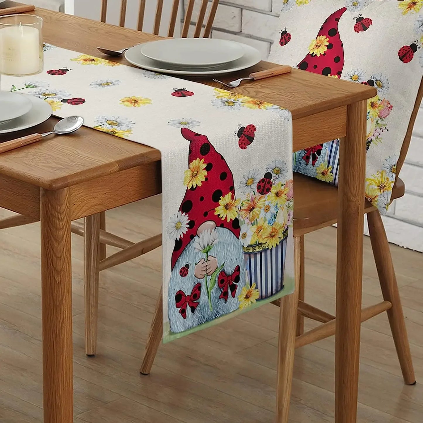 Sunflower & Ladybug Gnome Linen Table Runner – Farmhouse Charm for Every Table