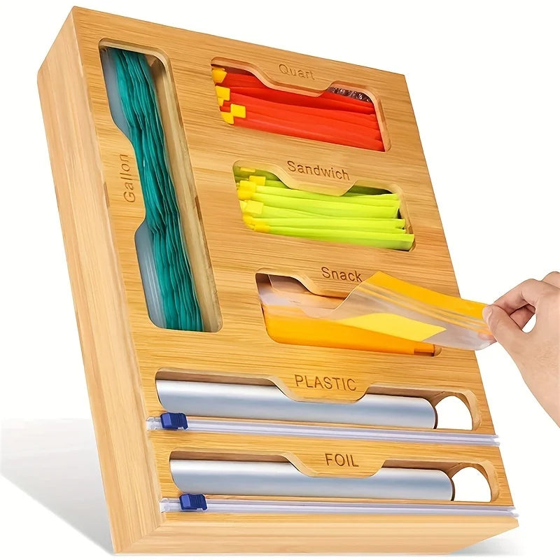 Bamboo Bag Storage and Dispenser Set Plastic Wrap and Foil 6 In 1 Organizer