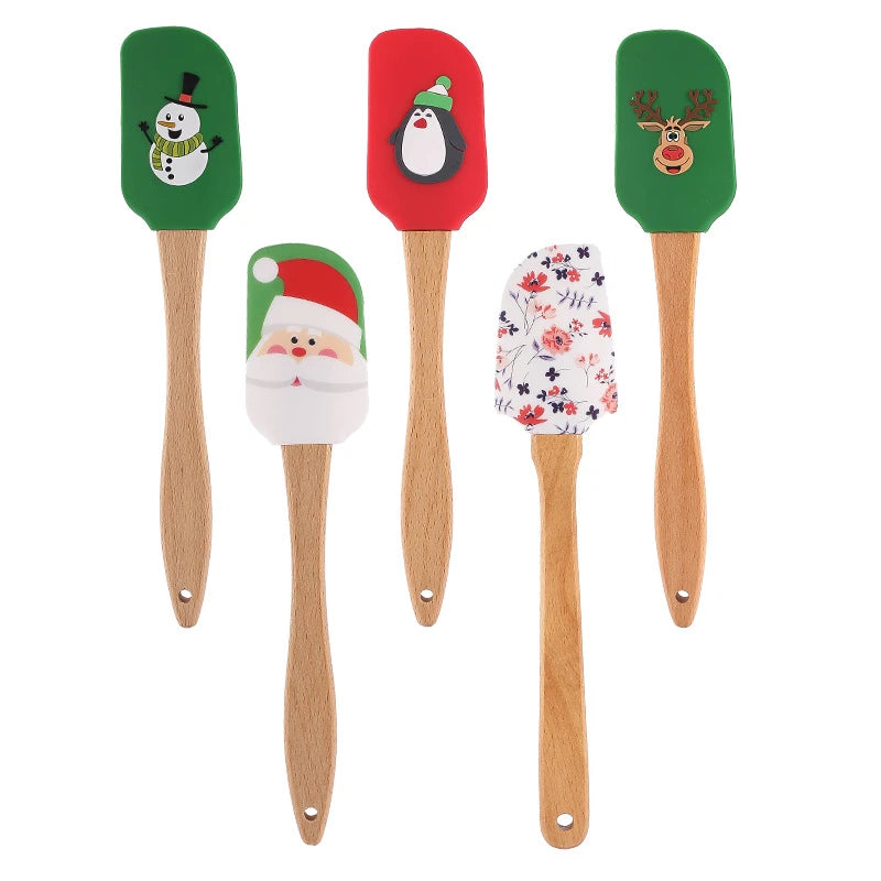 Christmas Series Cake Cream Spatula Wooden Handle Silicone Pastry Scraper Non-Stick Butter Batter Mixer Kitchen Baking Tools